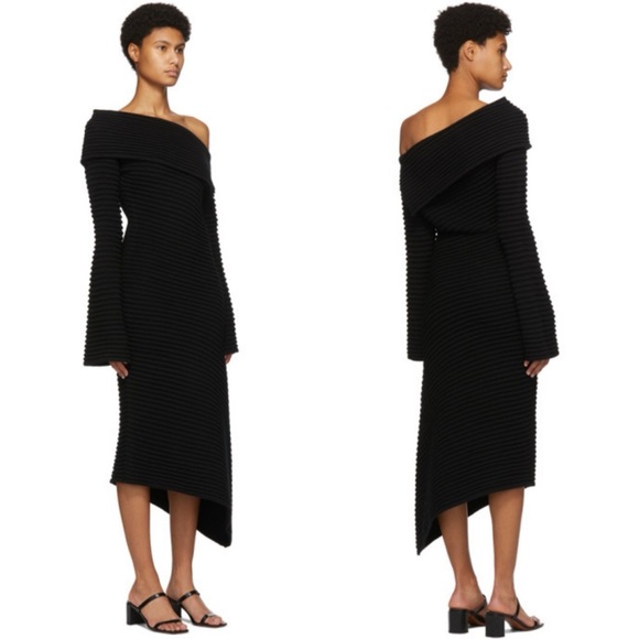 DRAE • Asymmetrical Wool Rib Knit Dress in Black - Picture 2 of 12